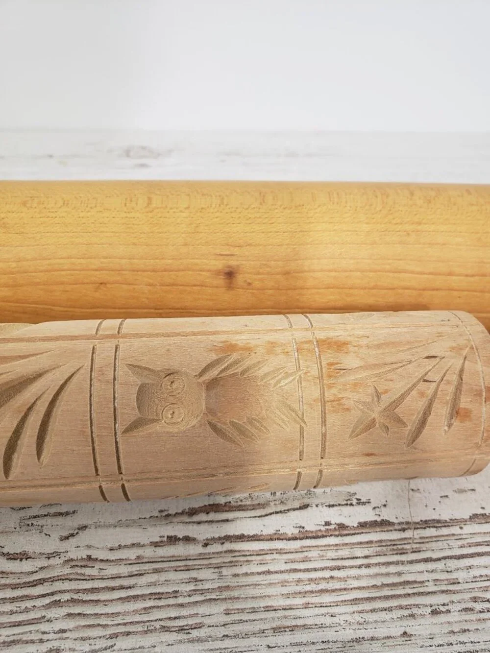 2 wooden rolling pins - 1 with cut out designs 16